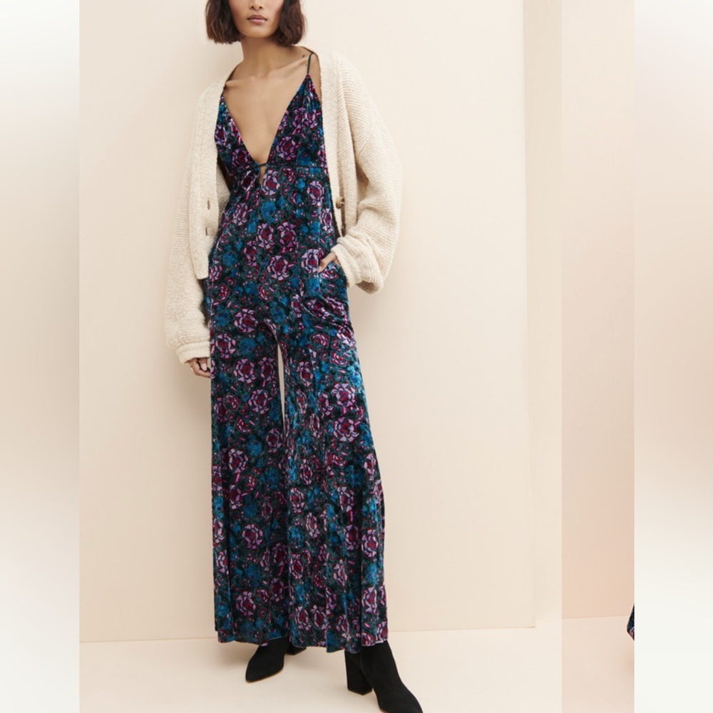 NEW Free People Volcano Velvet Jumpsuit in Blue Multi - Wide-leg Jumpsuit